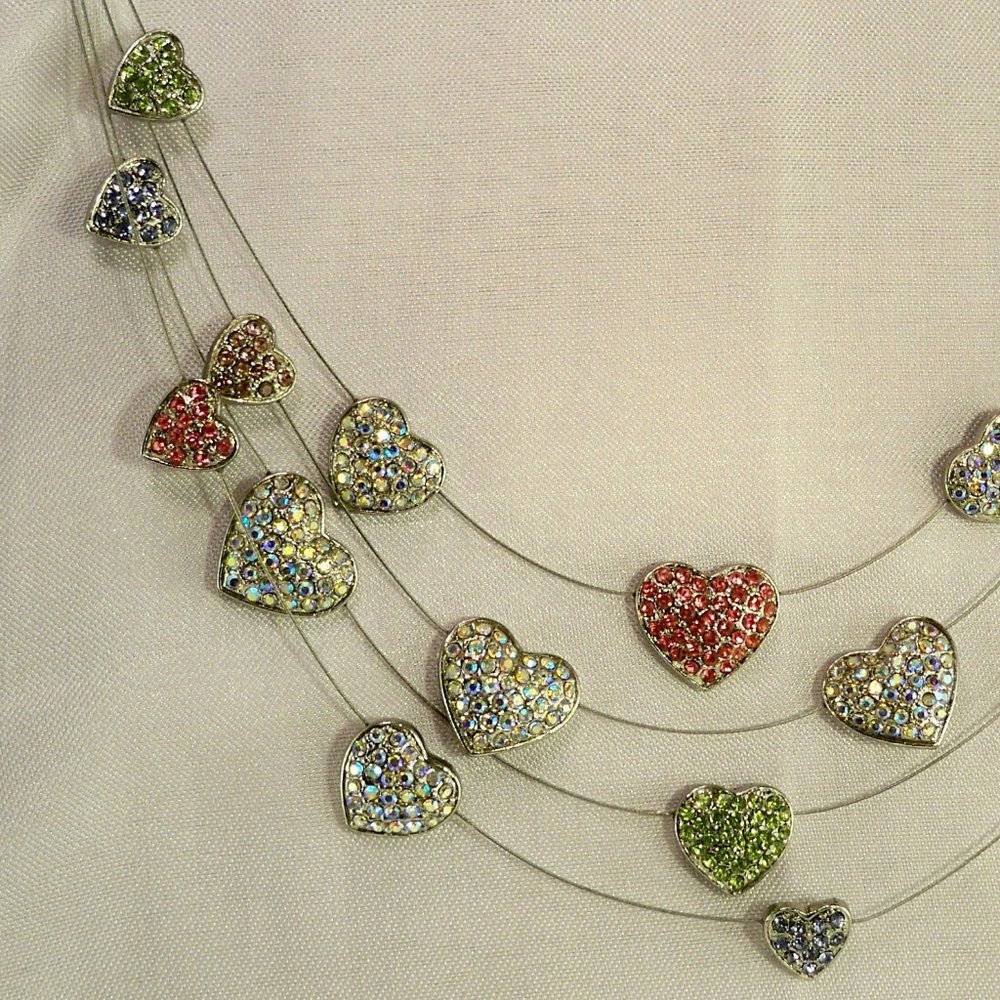 NEW Suzanne Somers Green, Blue, Pink Heart Crystals Silver Vintage Necklace